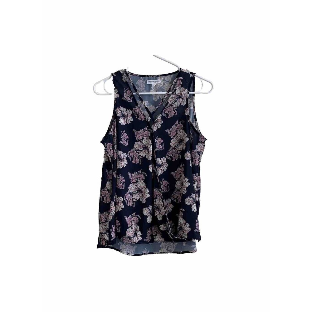 Grayson Threads Blue Floral Faux Wrap Front Sleeveless Blouse Women's Size Small